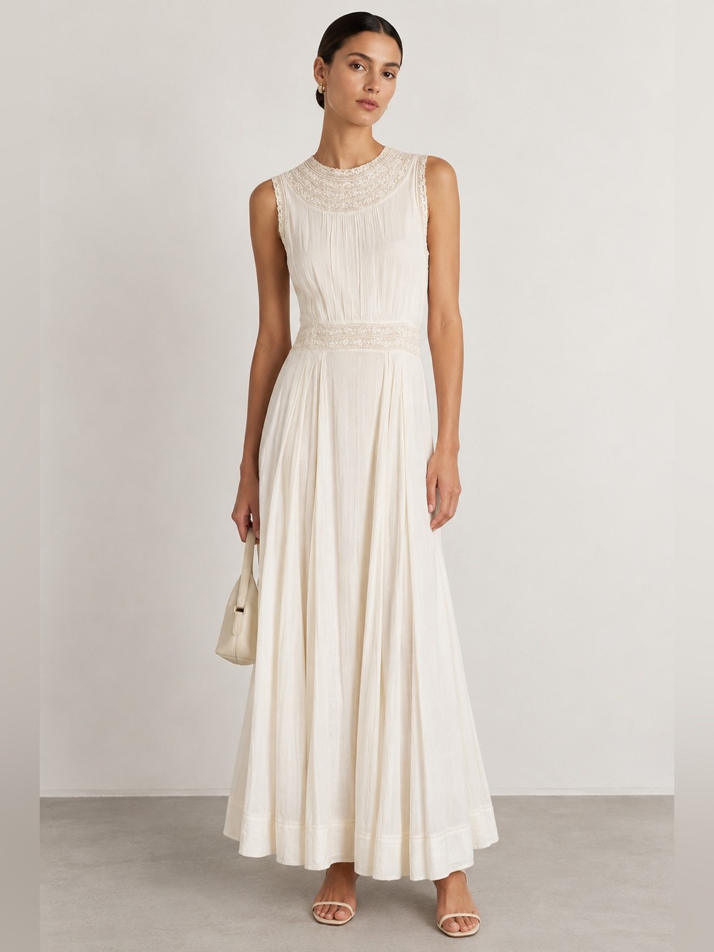 Doen Crème Cotton Voile Lace Trim Midi Dress Sample